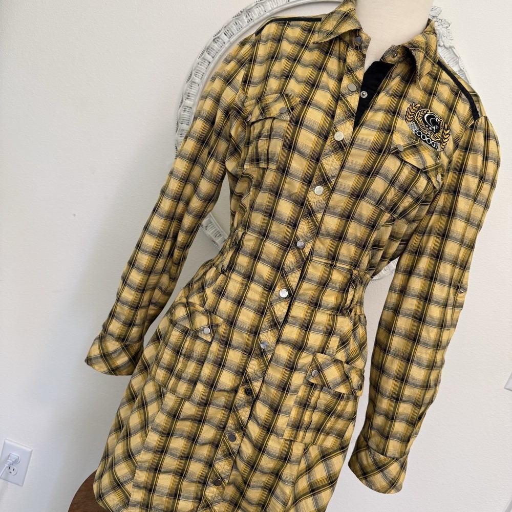 COOGI Womens Yellow Shimmer Plaid Gold Snap Long Shirt Top Tab Sleeve Retro S
